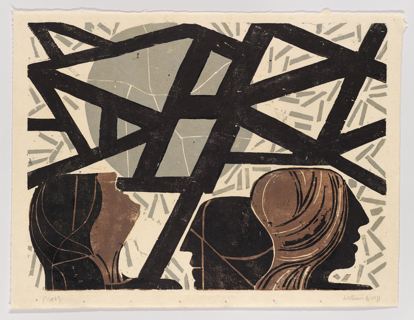 This is an abstract print featuring bold black geometric shapes against a beige background with white and gray accents. Two stylized human profiles, one facing left and the other facing right, are integrated into the lower part of the composition. The print is signed "Proof" on the left and "William Gropper" on the right.