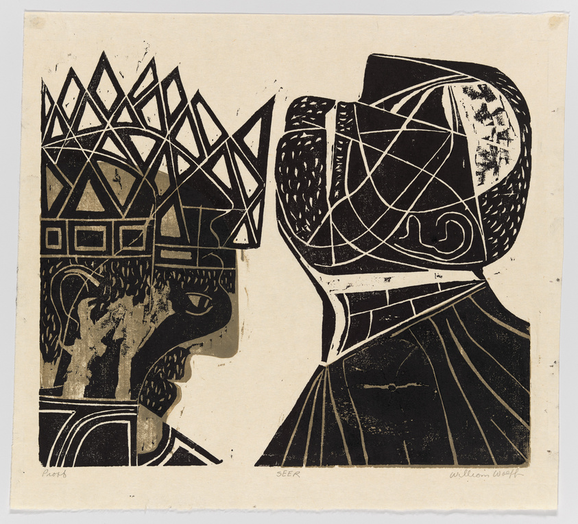 A woodcut print depicting two stylized, profiled heads facing each other. The head on the left appears to be a king with a detailed crown, while the head on the right is labeled "SEER" with abstract patterns on the face and head. The artwork has a signature on the bottom right corner. The print has a vintage look with a cream-colored background.