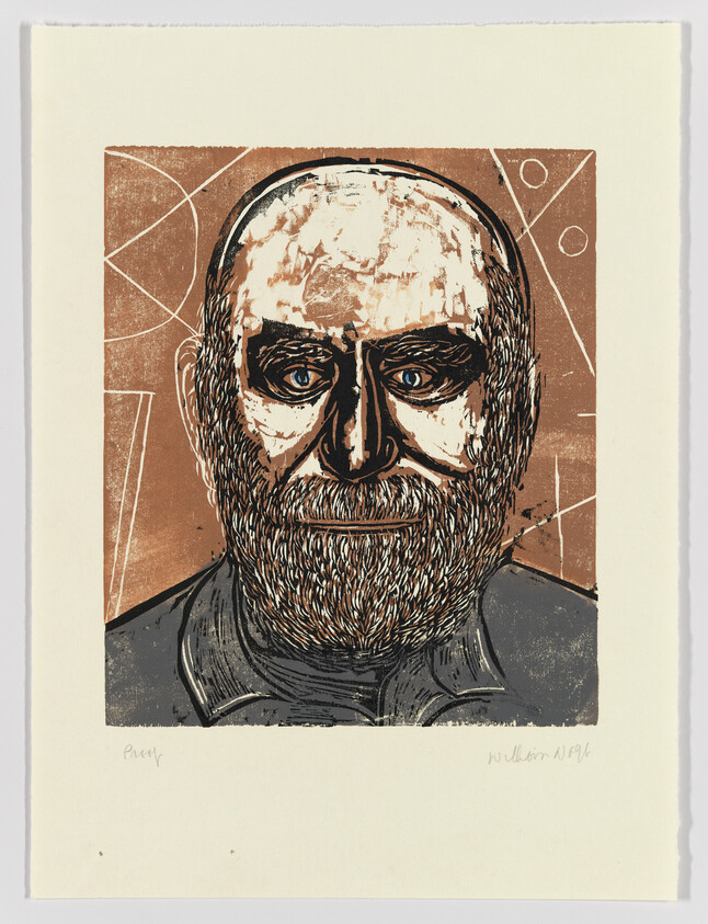 A stylized print portrait of a bald, bearded man with intense blue eyes against a geometric background.