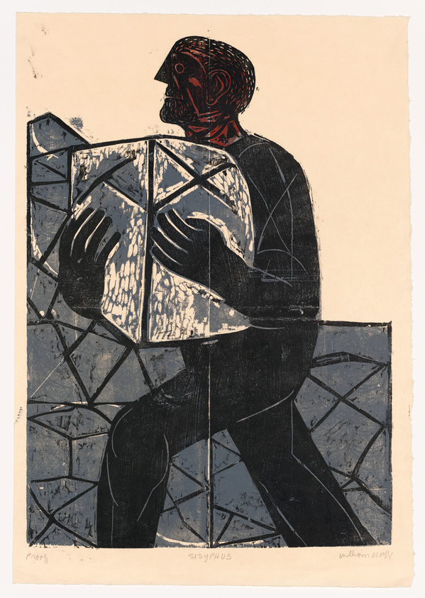 A stylized print depicting a figure resembling the mythological character Sisyphus, in profile, pushing a large boulder. The artwork uses a limited color palette with dark tones and red highlights, and the boulder has a textured, fragmented appearance. The name "Sisyphus" is written at the bottom, suggesting the subject of the work, and there are signatures or inscriptions in the lower corners. The background is a warm beige, contrasting with the dark figure and the boulder.