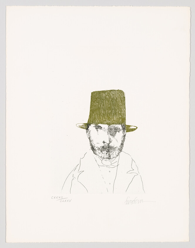 A sketch of a man with a beard wearing a top hat, with the hat colored in green. The image is stylized with minimal lines for the face and clothing, and there are Roman numerals and a signature at the bottom. The background is plain white.