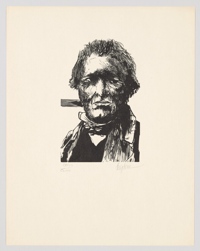 A black and white print of a man's portrait, featuring a rough, expressive style with bold lines. The man has a stern expression, with deep-set eyes, prominent cheekbones, and a furrowed brow. He has a full head of shaggy hair and a thick beard, and is depicted with a pipe in his mouth. The background is plain, and there are signatures or inscriptions in the lower left corner of the image.