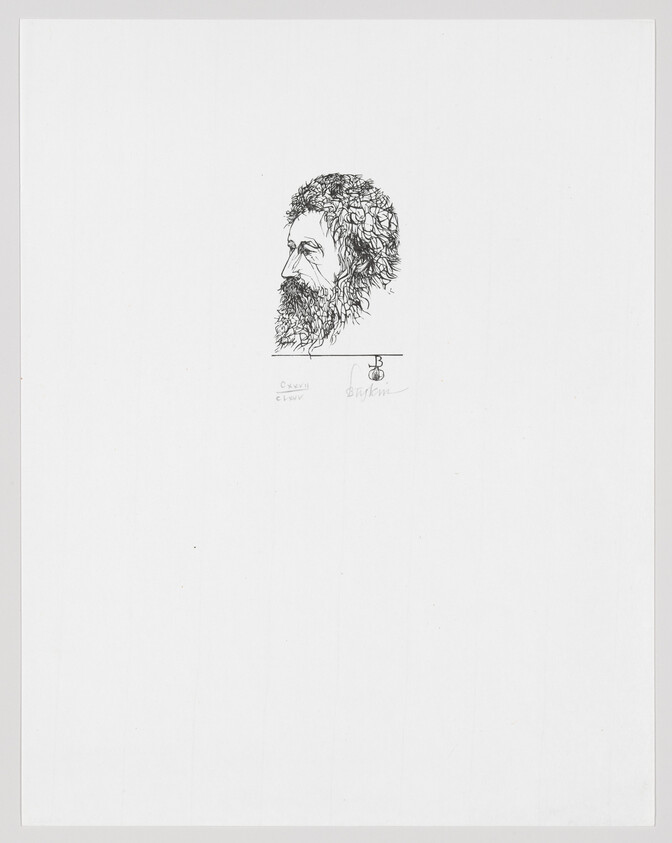 A pen and ink drawing of a bearded man in profile centered on a white background, with the artist's signature and a series of numbers or letters at the bottom left.