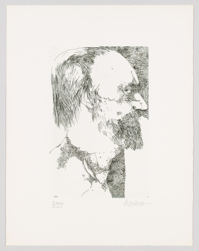 A black and white etching of a man in profile with a receding hairline and a prominent nose. The artwork features expressive line work and is signed at the bottom, with additional inscriptions on the lower left side. The background is blank, emphasizing the detailed portrait.