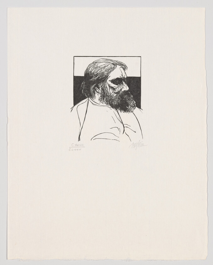 Black and white sketch of a bearded man in profile with a solemn expression, framed within a black rectangle at the top of a textured paper with artist's signature at the bottom left.