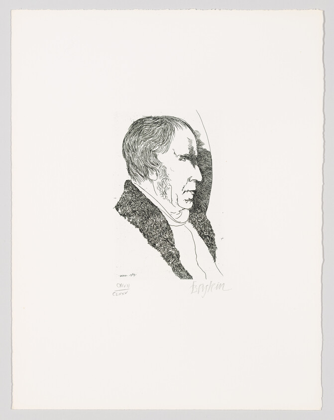 A black and white etching of a man's profile with exaggerated facial features, signed by the artist at the bottom right corner. The artwork is centered on a white paper with rough edges, and there are some inscriptions or markings in the lower left corner.