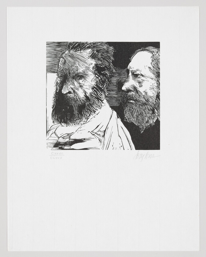 A black and white print featuring two bearded men in profile view, with the man on the left facing left and the man on the right facing right. The artwork is detailed, emphasizing the texture of the beards and hair. Roman numerals are inscribed at the bottom left corner, and there is a signature at the bottom right. The print is centered on a white background with ample blank space around it.