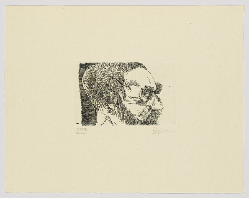 A black and white etching of a bearded man in profile on a cream-colored paper. The man appears contemplative, with detailed lines accentuating his facial features and hair. The artist's signature is visible in the bottom right corner.