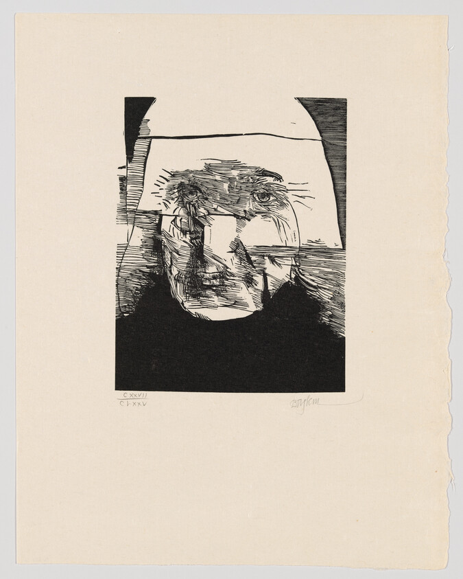 An etching of a distorted face with abstract features on a beige paper background. The artwork is framed by black tape on the top and left edges, and there are Roman numerals 'CXXVI' and 'CXXV' printed at the bottom left corner, with a signature at the bottom right. The paper has a rough right edge, suggesting it may have been torn from a larger sheet.