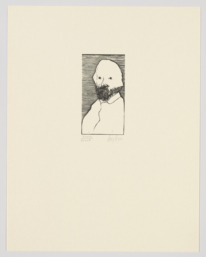 A black and white etching of a bearded man's portrait centered on a cream-colored paper. The man is depicted from the chest up, facing slightly to the right, with a full beard and mustache, and a serious expression. The background of the portrait is hatched, and there is a signature at the bottom right corner of the image. The paper has ample blank space around the etching.