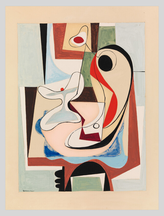 Abstract cubist composition showing a stylized face and vase formed from curved colorful geometric shapes.