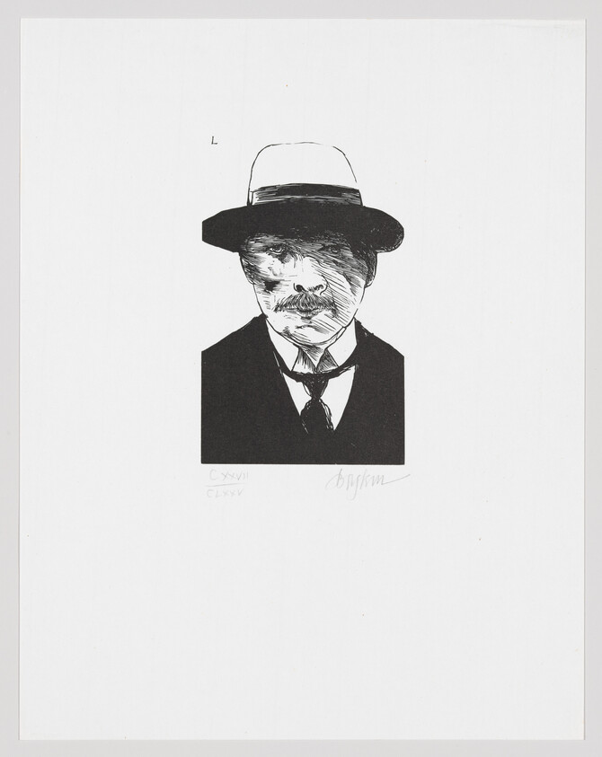 A black and white print featuring a stylized portrait of a man with a bowler hat and a suit. The man's face is depicted with rough, expressive lines, and there are Roman numerals and a signature at the bottom of the print.