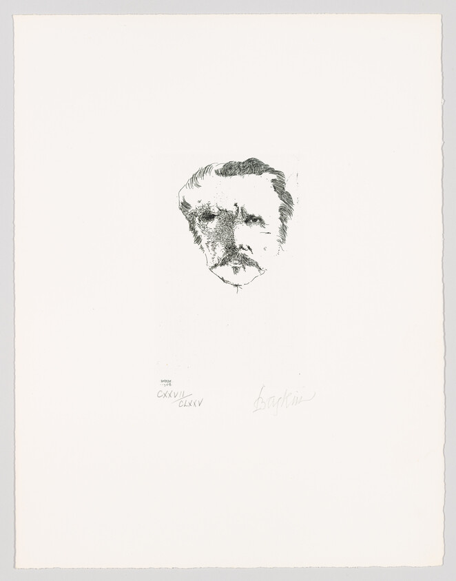 A black and white etching of a man's face centered on a white background with a signature and Roman numerals at the bottom.