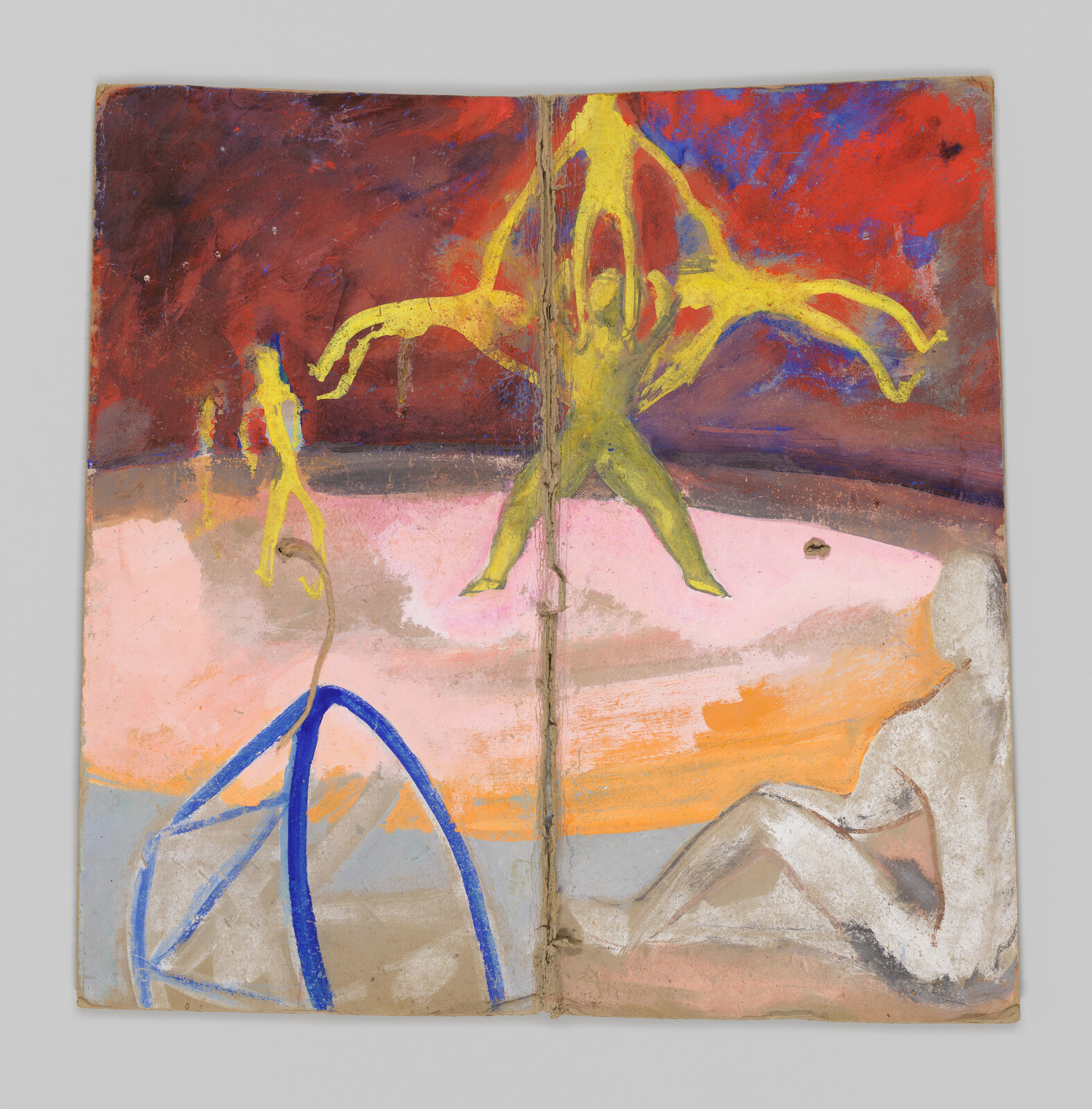 Abstract painting with yellow figures on a red and pink background. A blue arch and a seated white figure are in the foreground.