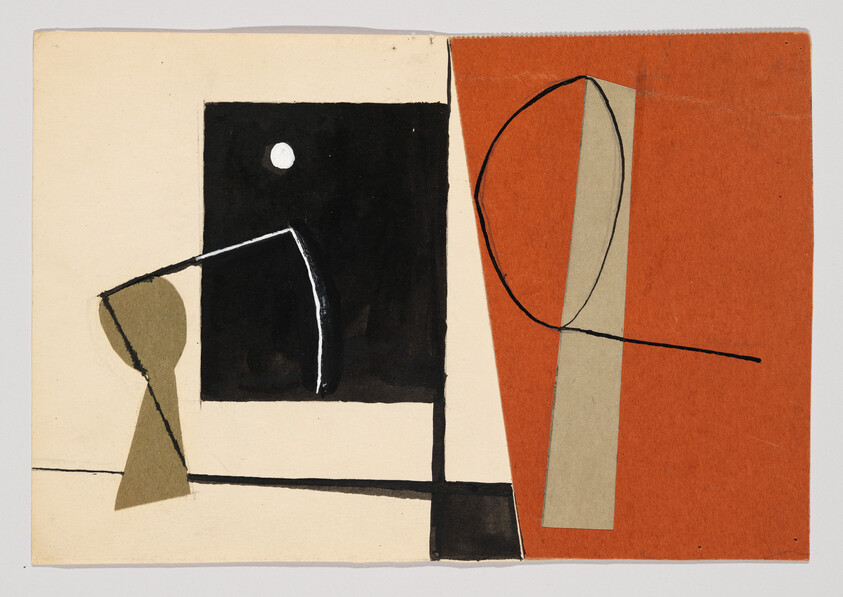 Abstract composition with geometric beige and orange panels, black rectangle, looping black line, and small white circle.