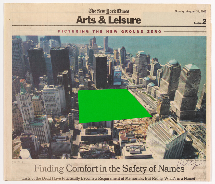 Aerial view of lower Manhattan with a bright green overlay marking the Ground Zero site.