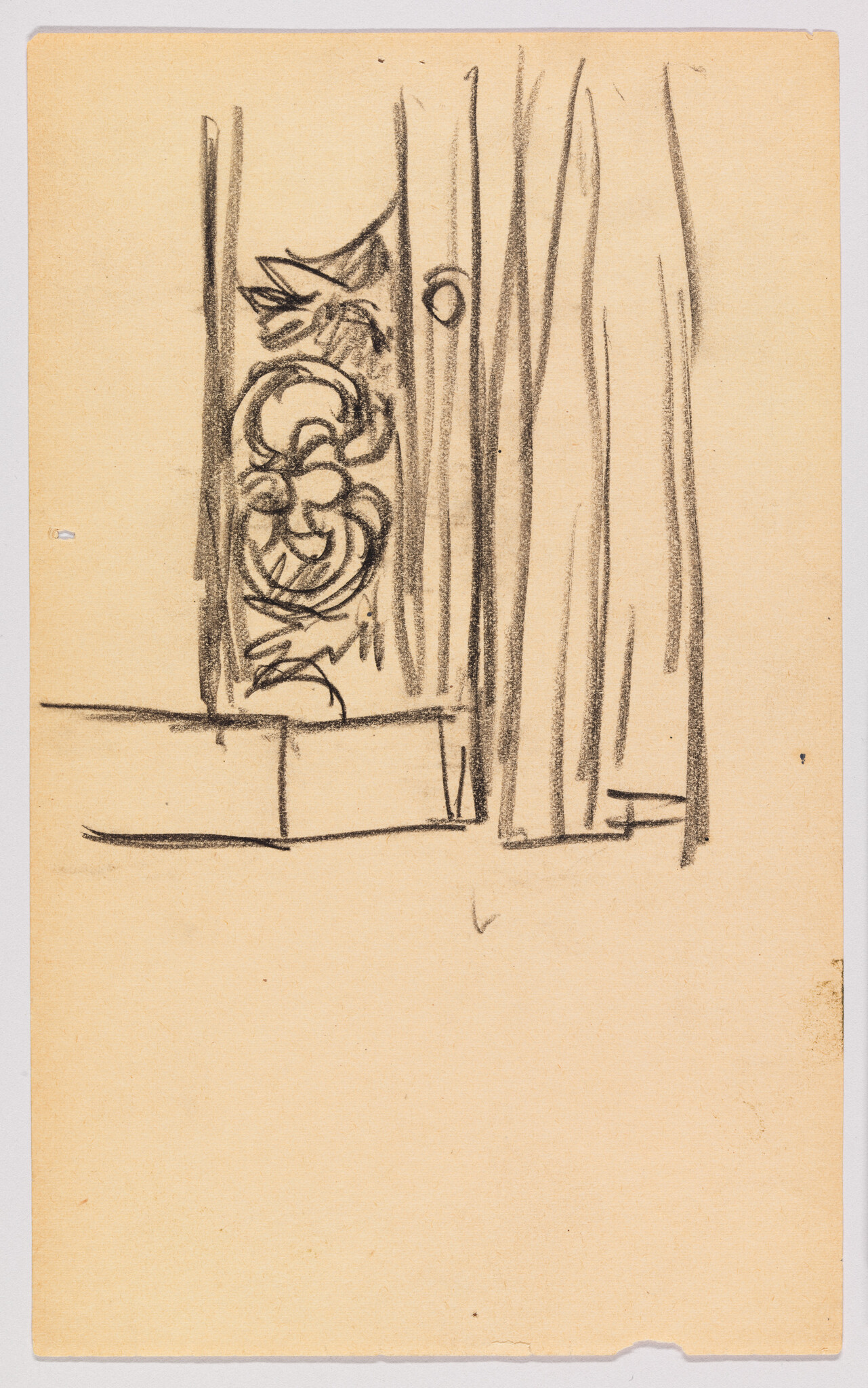 Sketch on tan paper depicting a decorative element with floral patterns next to vertical lines that suggest tall, narrow elements, possibly architectural in nature. The drawing is rendered in soft pencil with visible strokes and shading, conveying a sense of depth and texture.