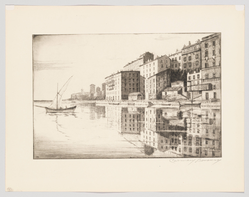 A detailed etching of a calm river scene with a sailboat in the foreground and a row of multi-story buildings along the riverbank. The buildings are reflected in the water, creating a mirror image. The artwork is signed by the artist in the lower right corner.