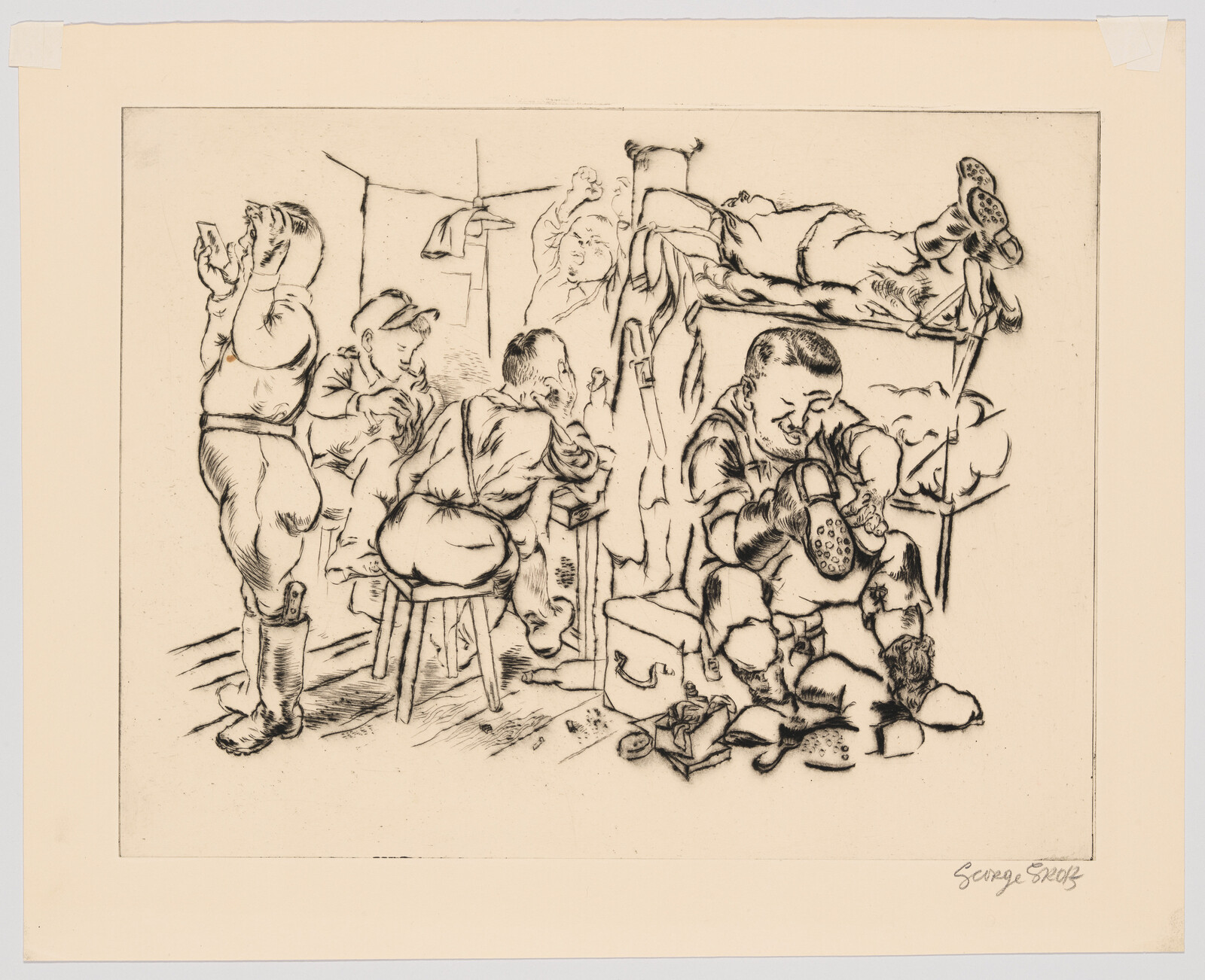 Several soldiers in a barracks put on and polish boots while others relax on bunks.