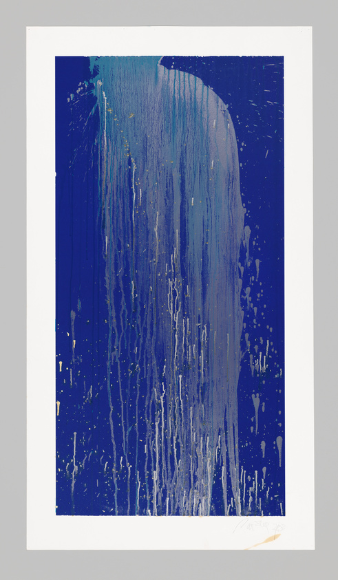 Abstract painting with blue and purple drips on a dark blue background, creating a waterfall effect. White border surrounds the artwork.