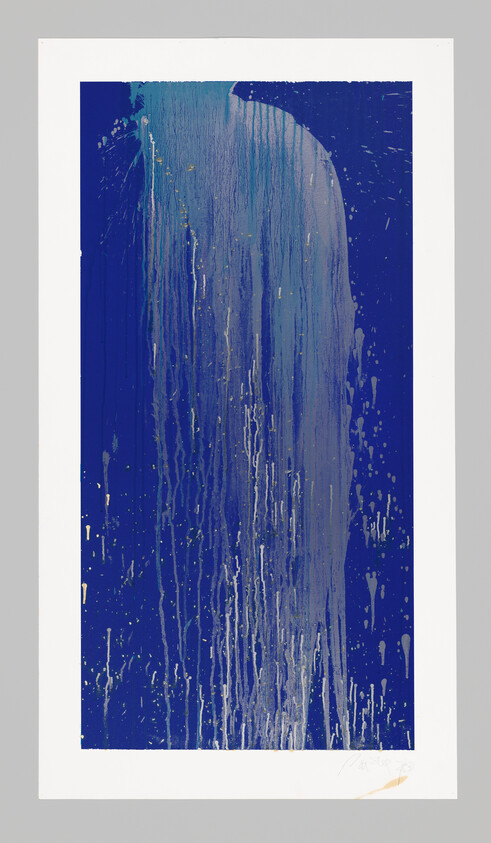 Tall abstract painting with pale blue and white paint streaks dripping down a deep blue background.