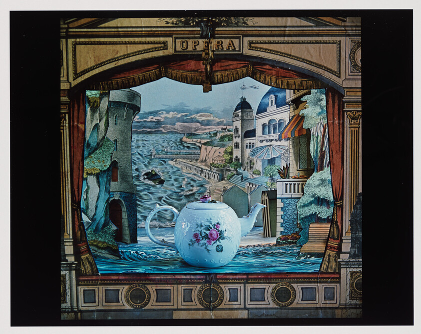 A stage set labeled "Opera" shows a large floral teapot against a seaside scenery.