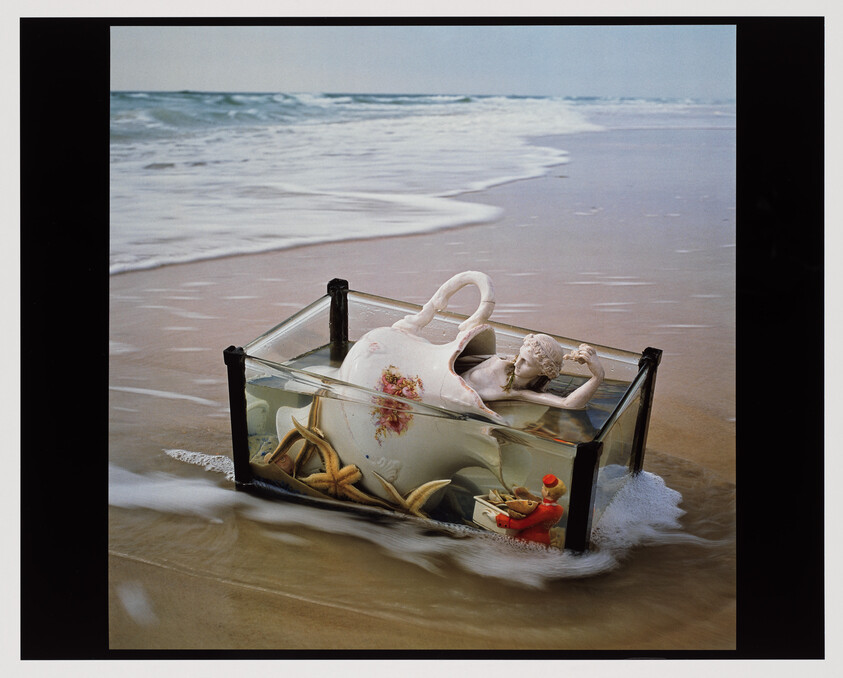 A glass tank holding a floral teapot, porcelain figurine, starfish, and toy on a wet sandy shore.