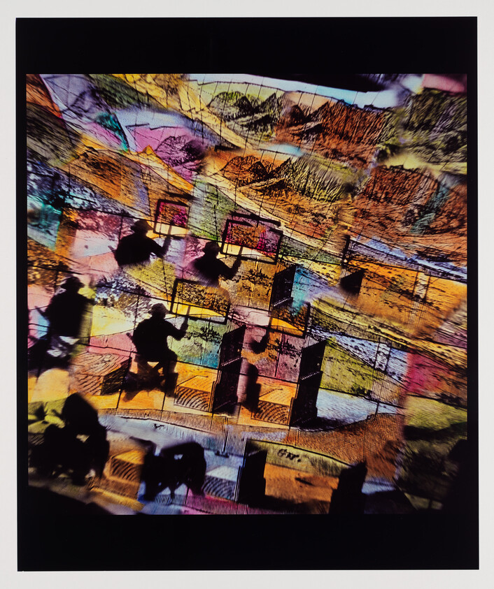 Silhouetted workers appear against a colorful, geometric mosaic of panels and landscape scenes.