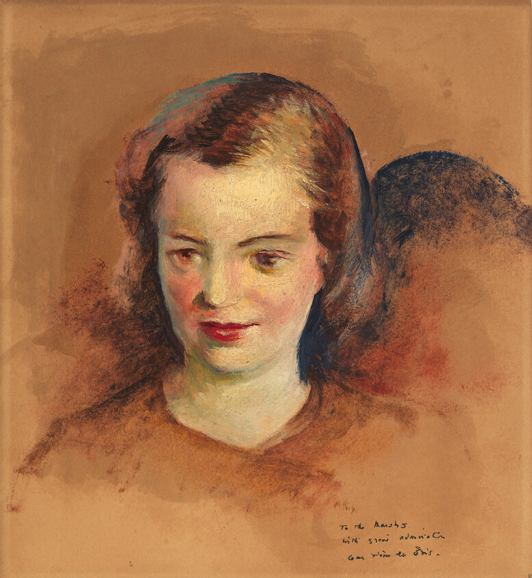 Young woman with short brown hair looking down and slightly to the side in warm tones.