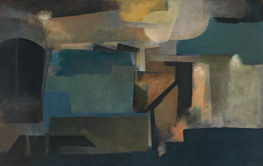 Muted geometric shapes and layered planes in blues and ochres suggest abstract buildings under a pale sky.