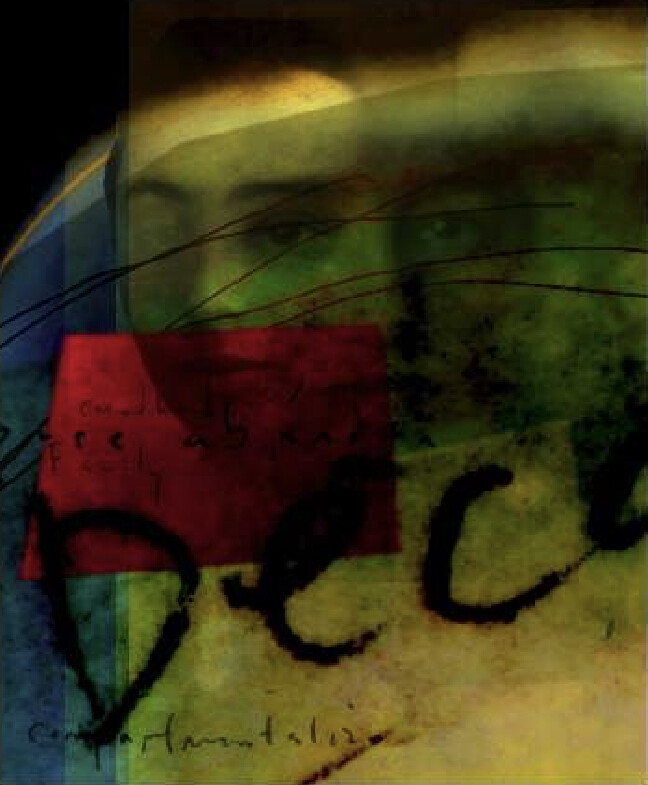 Abstract artwork with layered textures, featuring a face partially visible behind green and red hues, with black scribbles and text.