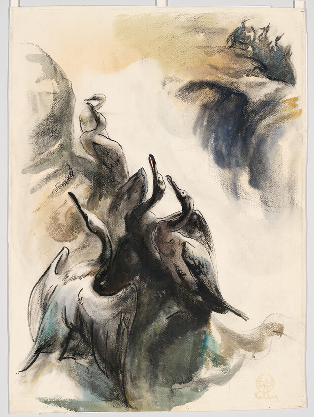 A cluster of dark waterbirds with raised necks gathered against a soft, cloudy background.