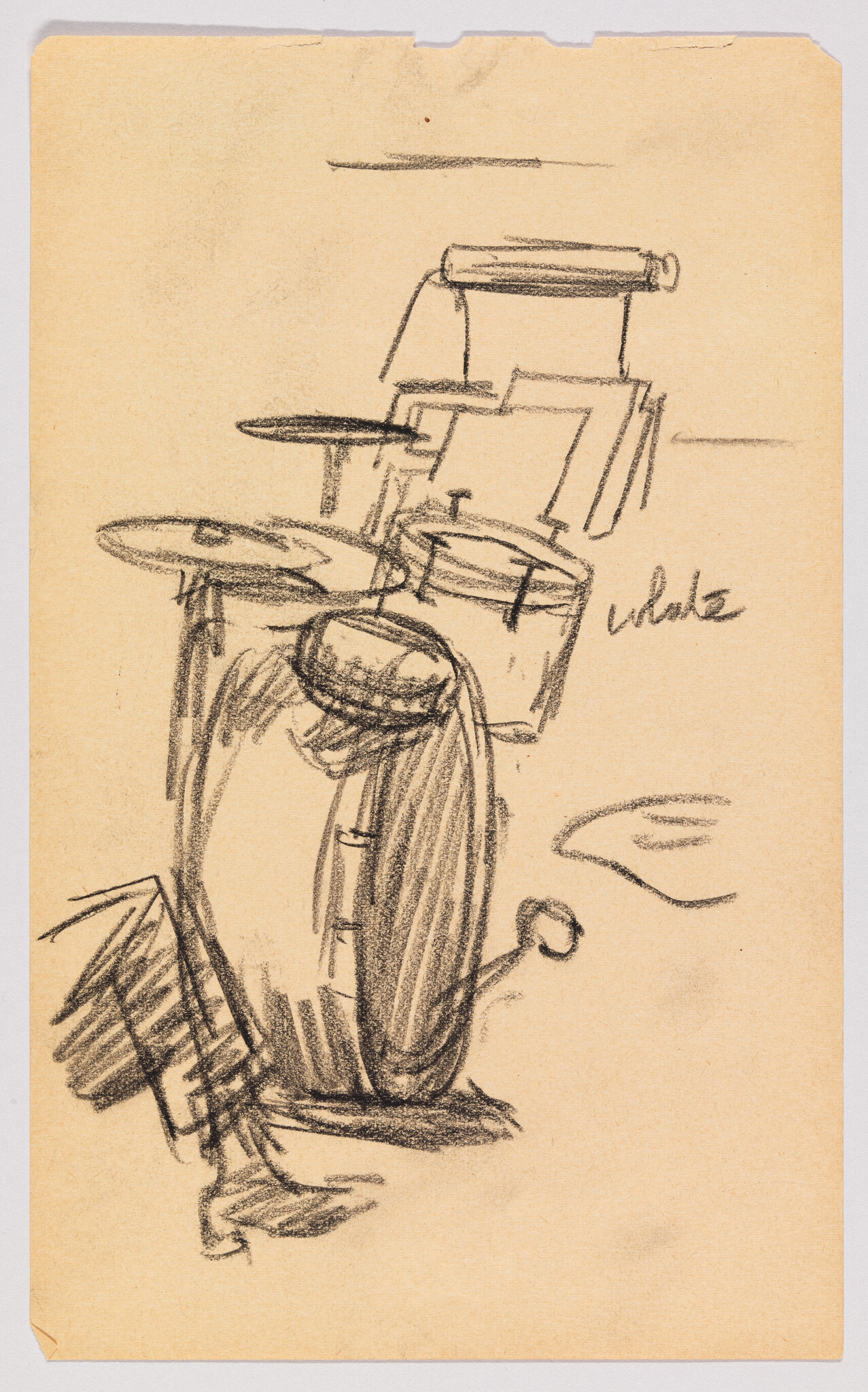 Sketch of a drum set on a tan piece of paper, featuring outlines of a bass drum, snare, toms, and cymbals with a signature at the bottom right. The drawing is done in a loose, expressive style with visible pencil strokes.