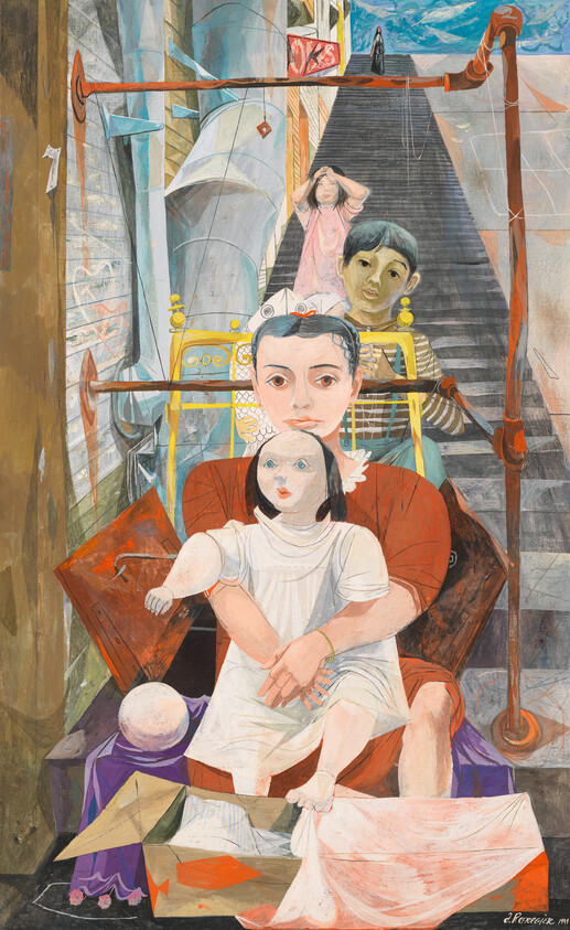 Woman sitting on a chair holding a doll-like child while two children stand behind on stairs.