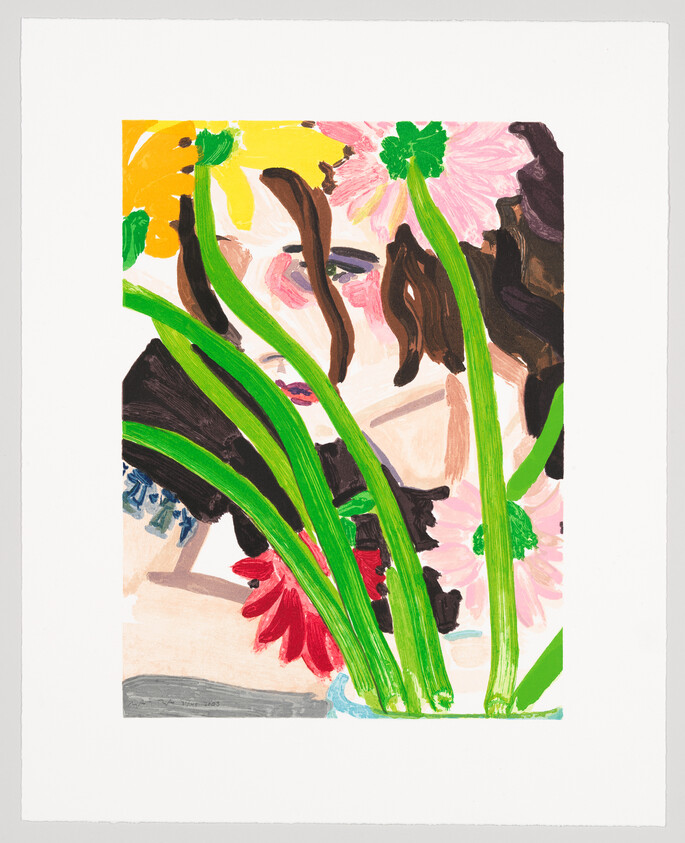 A painted woman’s face partially hidden behind tall green flower stems and bright blooms.