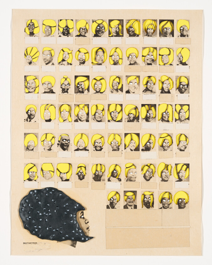 Grid of small portrait photos with bright yellow headwraps and a large black profile silhouette.