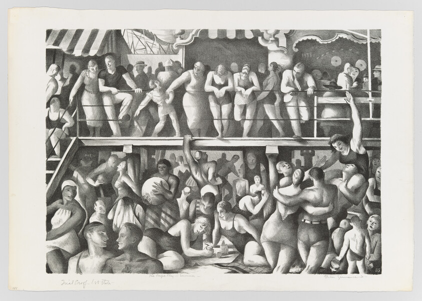 Large crowd of men, women and children in swimwear crowded on two levels of a seaside pier.