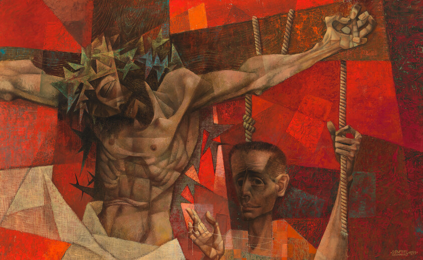Crucified figure with crown of thorns beside a man holding ropes against a red background.