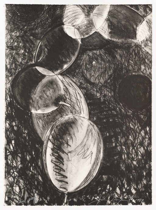 Large overlapping charcoal spheres float diagonally against a dense, dark scribbled background.
