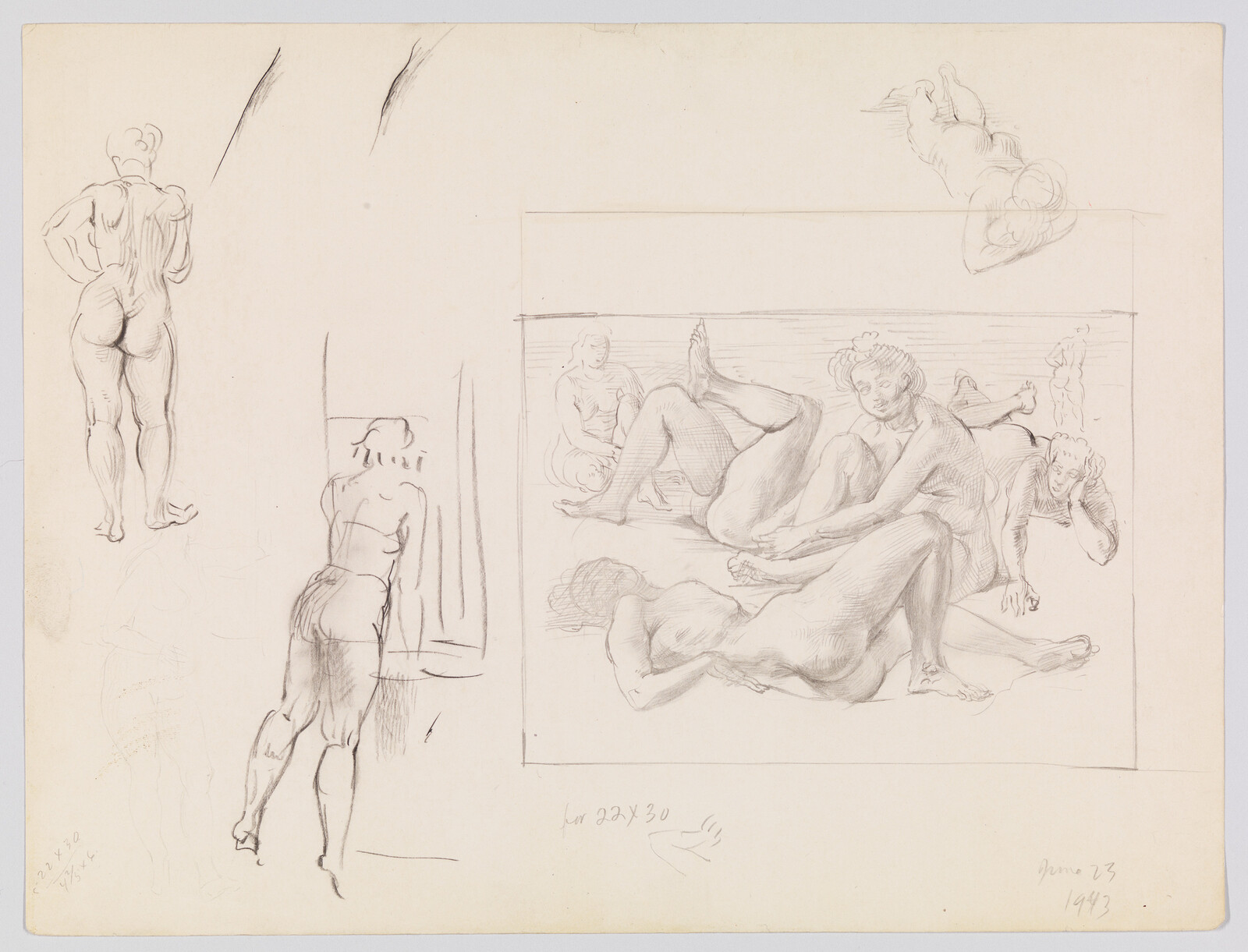 Several loosely sketched nude figures reclining and standing in a compositional study.