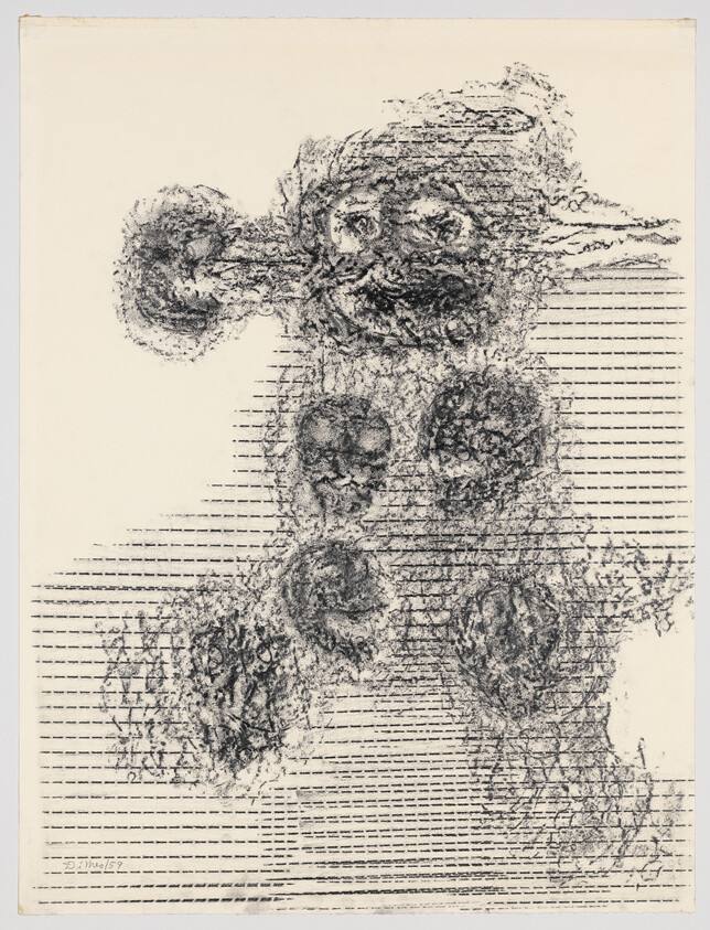 Abstract textured charcoal clusters and horizontal dashed lines forming an irregular figure with circular shapes.