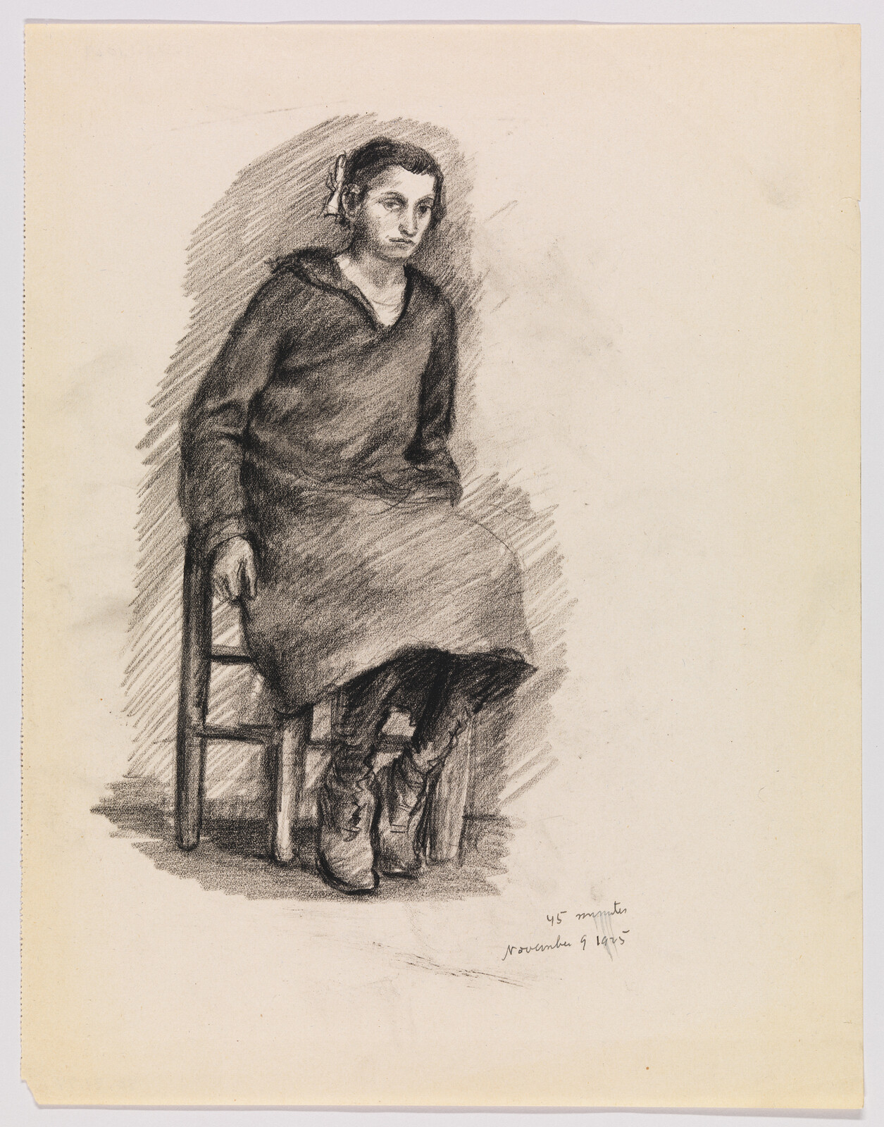 A charcoal drawing of a seated woman wearing a simple dress and boots, her hands resting.