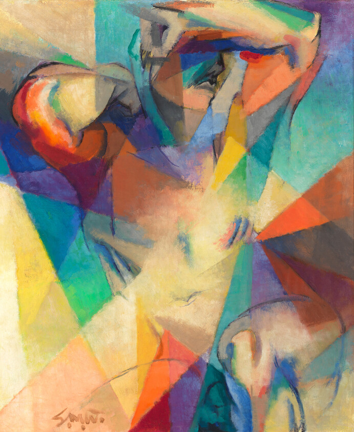 A vibrant cubist painting depicting a figure composed of geometric shapes and planes in a variety of colors, including shades of orange, blue, yellow, and green. The figure appears to be in a dynamic pose with one arm raised, creating a sense of movement within the abstract composition. The artist's signature is visible at the bottom.
