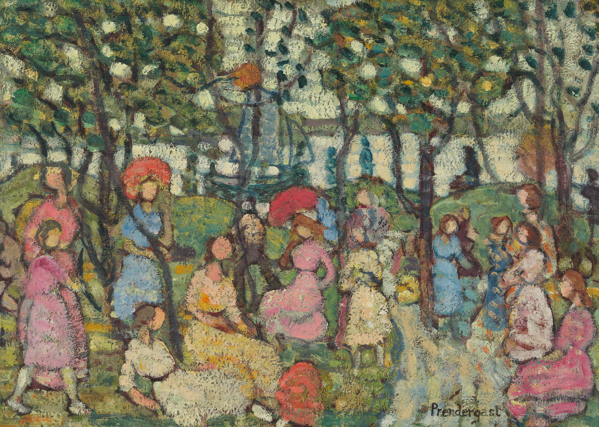 Group of people in colorful dresses relaxing under trees by a river with a small sailboat.