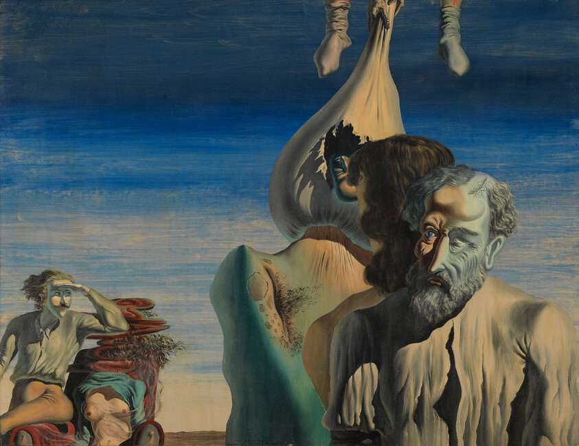 Distorted figures and a bearded man stand under dangling feet in a surreal shoreline scene.