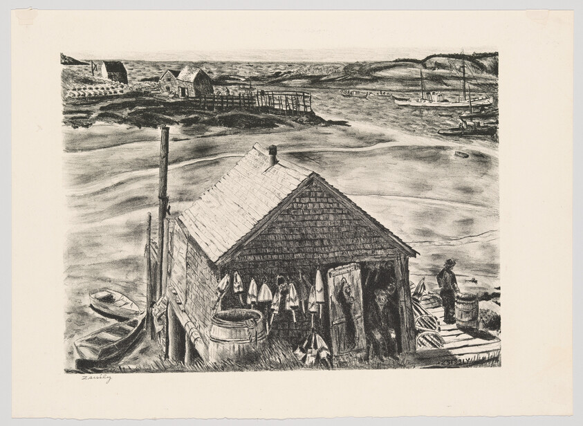 A weathered fishing shack on the shoreline with buoys hanging and fishermen nearby.