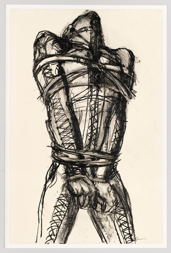 A tied figure wearing a laced corset and bound hands and legs with heavy ropes.