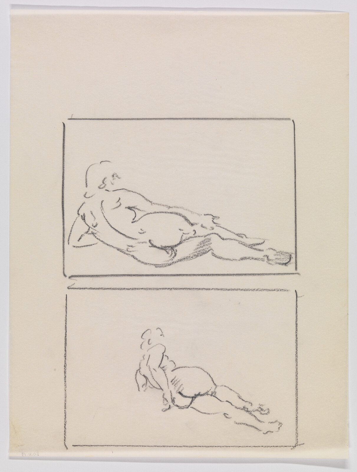 Two simple charcoal sketches show a reclining nude figure in slightly different poses within framed panels.