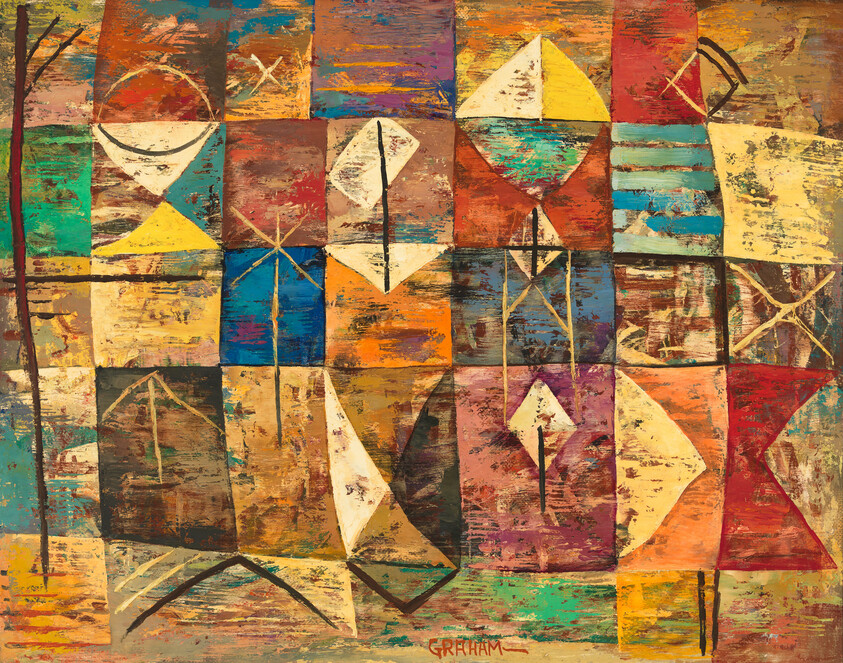 Colorful geometric patchwork painting with sail-like triangles and weathered, textured squares.