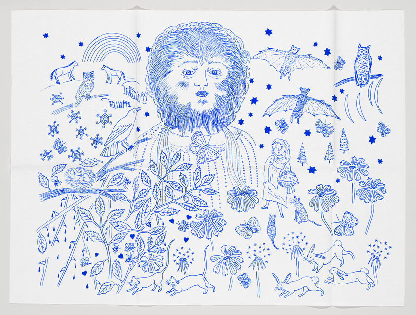 A large bearded, furry-faced person surrounded by blue sketches of animals, plants, and stars.
